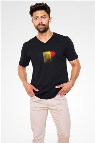 Andorra Bayrağı Baskılı Unisex Siyah V Yaka Tişört