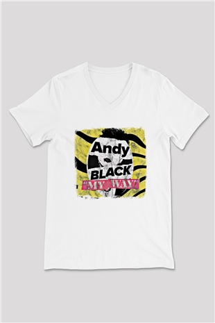 Andy Black Baskılı Unisex Beyaz V Yaka Tişört