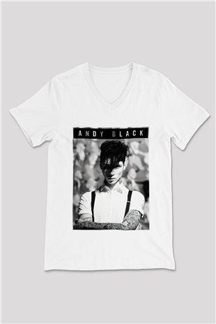 Andy Black Beyaz Unisex V Yaka Tişört T-Shirt