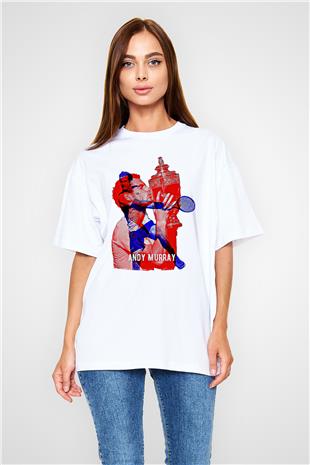 Andy Murray Baskılı Beyaz Unisex Oversize Tişört - Tshirt