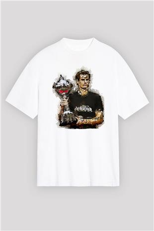 Andy Murray Baskılı Beyaz Unisex Oversize Tişört - Tshirt