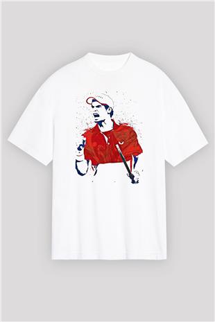 Andy Murray Baskılı Beyaz Unisex Oversize Tişört - Tshirt