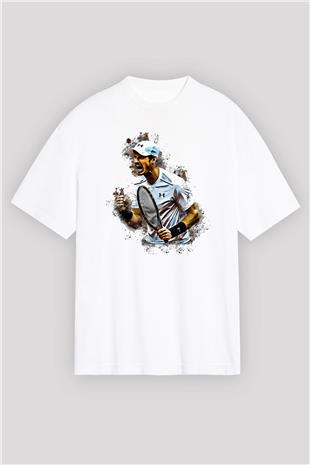 Andy Murray Baskılı Beyaz Unisex Oversize Tişört - Tshirt