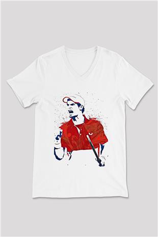 Andy Murray Baskılı Beyaz Unisex V Yaka Tişört - Tshirt