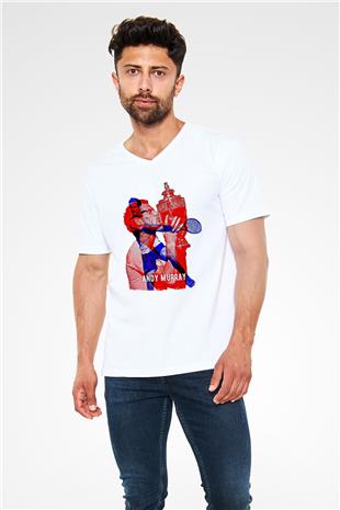Andy Murray Baskılı Beyaz Unisex V Yaka Tişört - Tshirt