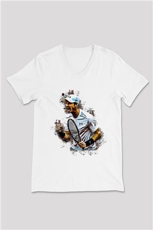 Andy Murray Baskılı Beyaz Unisex V Yaka Tişört - Tshirt