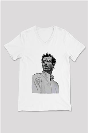 Andy Murray Baskılı Beyaz Unisex V Yaka Tişört - Tshirt