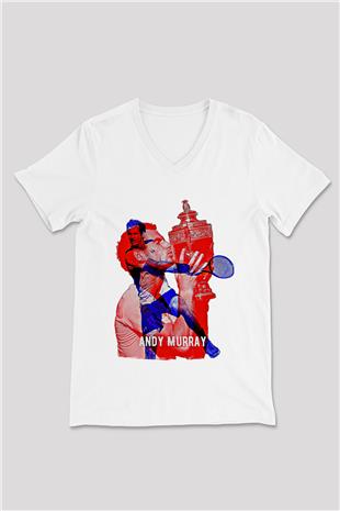 Andy Murray Baskılı Beyaz Unisex V Yaka Tişört - Tshirt