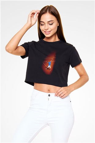 Andy Murray Baskılı Siyah Crop Top Kadın Tişört - Tshirt