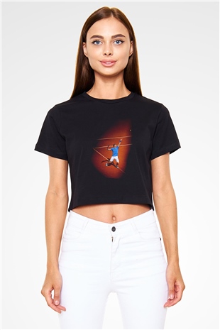 Andy Murray Baskılı Siyah Crop Top Kadın Tişört - Tshirt
