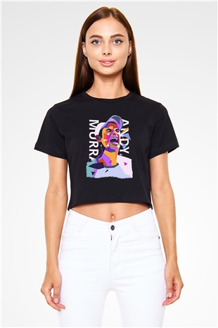 Andy Murray Baskılı Siyah Crop Top Kadın Tişört - Tshirt