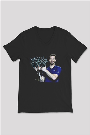 Andy Murray Baskılı Unisex Siyah V Yaka Tişört - Tshirt