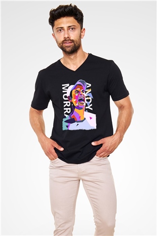 Andy Murray Baskılı Unisex Siyah V Yaka Tişört - Tshirt