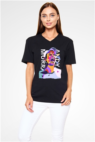 Andy Murray Baskılı Unisex Siyah V Yaka Tişört - Tshirt