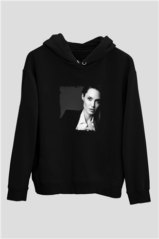 Angelina Jolie Baskılı Unisex Siyah Hoodie