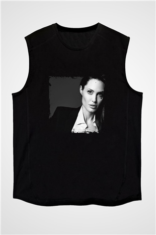 Angelina Jolie Baskılı Unisex Siyah Kolsuz Tişört