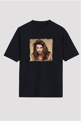 Angelina Jolie Baskılı Unisex Siyah Oversize Tişört