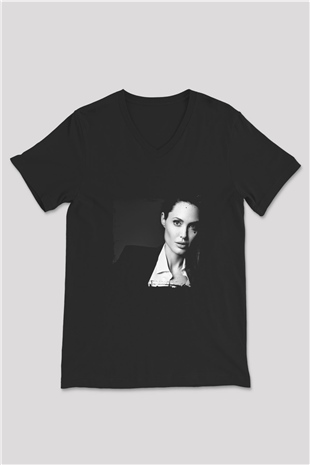 Angelina Jolie Baskılı Unisex Siyah V Yaka Tişört