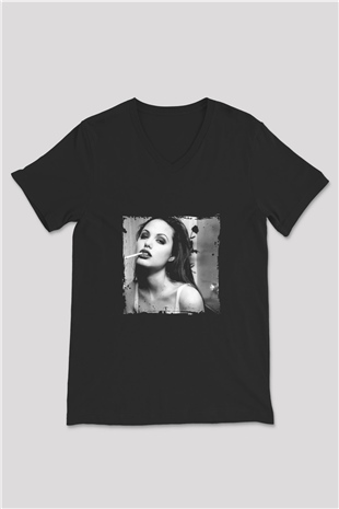 Angelina Jolie Baskılı Unisex Siyah V Yaka Tişört