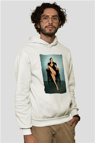 Angelina Jolie Beyaz Unisex Kapüşonlu Sweatshirt