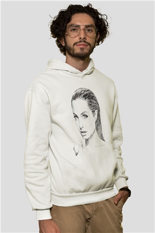 Angelina Jolie Beyaz Unisex Kapüşonlu Sweatshirt