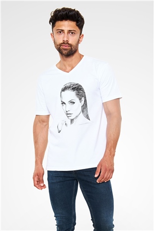 Angelina Jolie Beyaz Unisex V Yaka Tişört