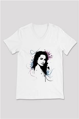 Angelina Jolie Beyaz Unisex V Yaka Tişört T-Shirt