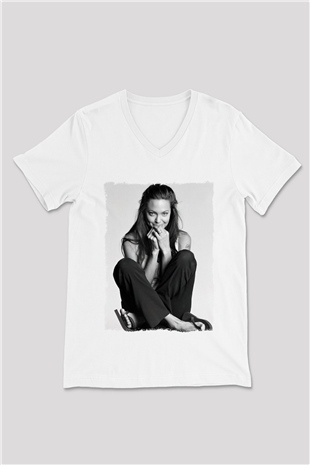 Angelina Jolie Beyaz Unisex V Yaka Tişört