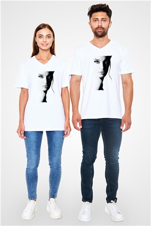 Angelina Jolie Beyaz Unisex V Yaka Tişört