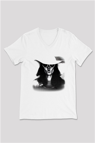 Angelina Jolie Beyaz Unisex V Yaka Tişört T-Shirt