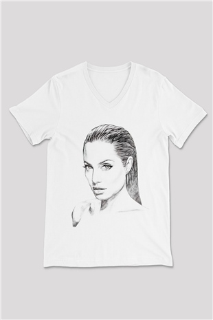 Angelina Jolie Beyaz Unisex V Yaka Tişört