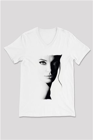 Angelina Jolie Beyaz Unisex V Yaka Tişört