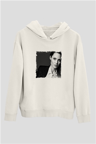 Angelina Jolie Unisex Baskılı Beyaz Kapüşonlu Sweatshirt