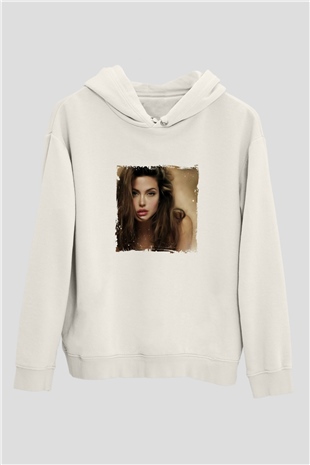Angelina Jolie Unisex Baskılı Beyaz Kapüşonlu Sweatshirt