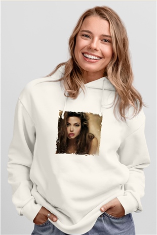 Angelina Jolie Unisex Baskılı Beyaz Kapüşonlu Sweatshirt