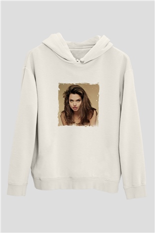 Angelina Jolie Unisex Baskılı Beyaz Kapüşonlu Sweatshirt