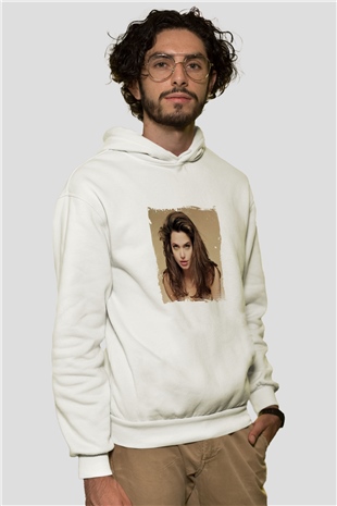 Angelina Jolie Unisex Baskılı Beyaz Kapüşonlu Sweatshirt