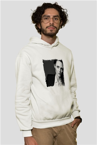 Angelina Jolie Unisex Baskılı Beyaz Kapüşonlu Sweatshirt