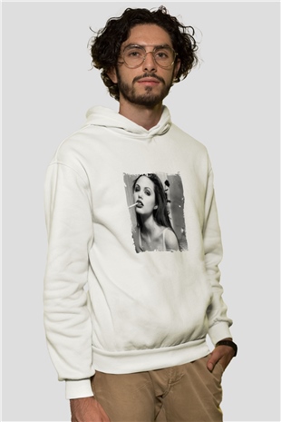 Angelina Jolie Unisex Baskılı Beyaz Kapüşonlu Sweatshirt