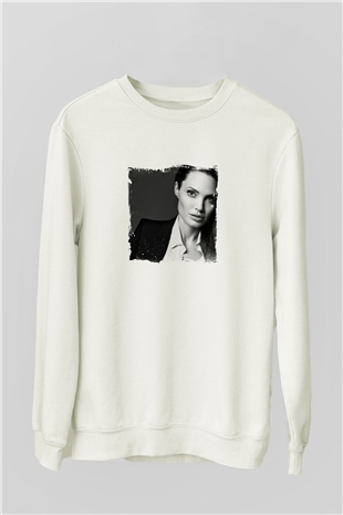 Angelina Jolie Unisex Baskılı Beyaz Sweatshirt