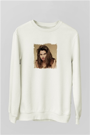 Angelina Jolie Unisex Baskılı Beyaz Sweatshirt