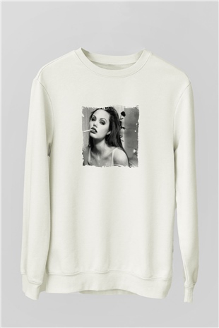 Angelina Jolie Unisex Baskılı Beyaz Sweatshirt
