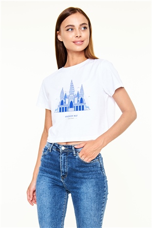 Angkor Vat Beyaz Croptop Tişört