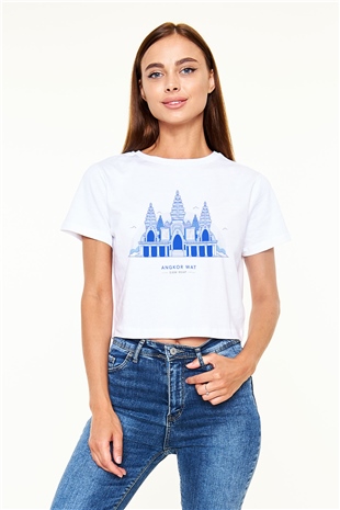 Angkor Vat Beyaz Croptop Tişört