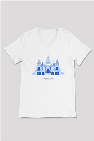 Angkor Vat Beyaz Unisex V Yaka Tişört T-Shirt