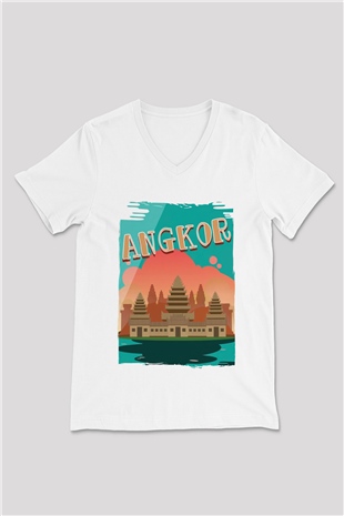 Angkor Vat Beyaz Unisex V Yaka Tişört