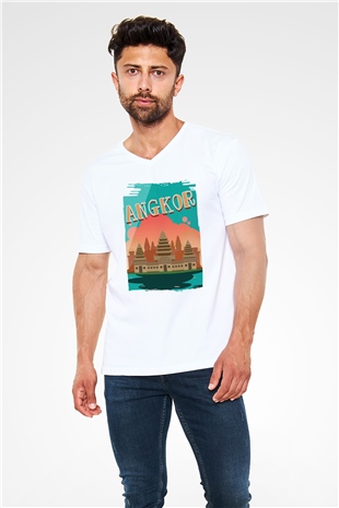 Angkor Vat Beyaz Unisex V Yaka Tişört