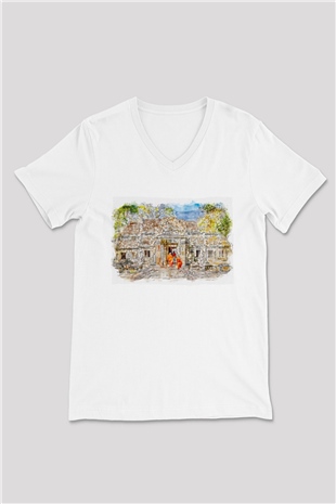 Angkor Vat Beyaz Unisex V Yaka Tişört