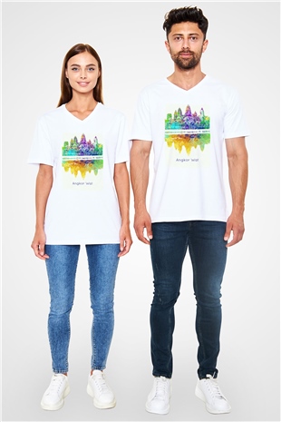 Angkor Vat Beyaz Unisex V Yaka Tişört