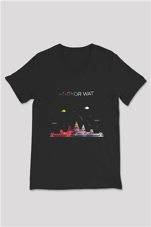 Angkor Vat Siyah Unisex V Yaka Tişört